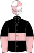 Black, pink hoop, halved sleeves, white and pink quartered cap