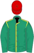 Emerald green, yellow seams, green sleeves, red cap