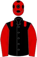 Black, red epaulettes and sleeves, red cap, black spots