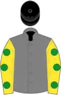 Gree, large yellow spots, yellow sleeves, green spots, black cap
