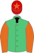 EMERALD GREEN, orange sleeves, red cap, orange star