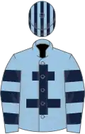 Light blue, dark blue cross of lorraine, hooped sleeves, striped cap