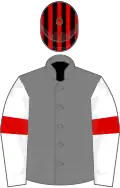 Black red chevrons, white sleeves, red armlets, black and red striped cap