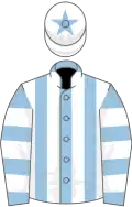 Light blue and white stripes, hooped sleeves, white cap, light blue star