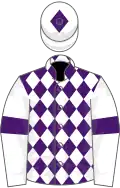 Purple and white diamonds, white sleeves, purple armlets, white cap, purple diamond