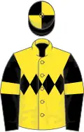 Yellow, black triple diamond, black sleeves, yellow armlets, quartered cap