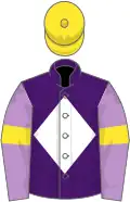 Purple, white diamond, mauve sleeves, yellow armlets, yellow cap