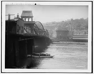 P. & L.E. Ry. Pittsburgh and Lake Erie Railroad station on far riverbank, and two inclines: Monongahela Freight Incline (L) and Monongahela Incline (R), on Mt. Washington, c.1905