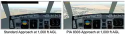 Two simulated Airbus A320 cockpit views. The left view shows a runway surrounded by sandy terrain with a small angular size while the right view shows the same runway much closer with a larger angular size.