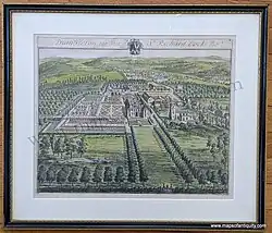 This is a framed antique print showing a view of the original Dumbleton Hall with the surrounding grounds, gardens, and smaller buildings