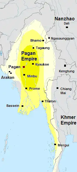 Image 19Pagan Kingdom during Narapatisithu's reign. Burmese chronicles also claim Kengtung and Chiang Mai. Core areas shown in darker yellow. Peripheral areas in light yellow. Pagan incorporated key ports of Lower Burma into its core administration by the 13th century. (from History of Myanmar)