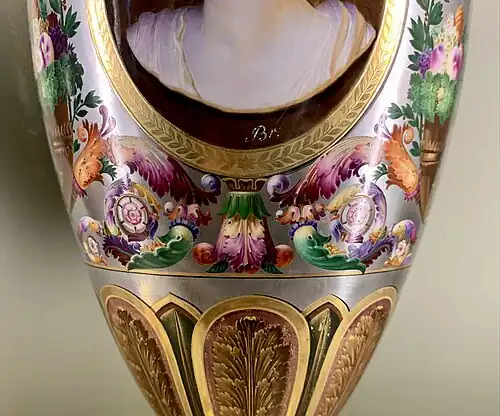 Neoclassical foliage volutes on a vase, by the Sèvres Porcelain Manufactory, 1814, hard-paste porcelain with platinum background and gilt bronze mounts, Louvre[11]