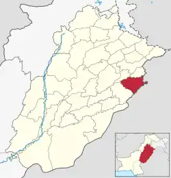 Map of Kasur District (highlighted in red) within Punjab.