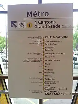 Sign showing remaining stations toward Quatre Cantons at CHU – Eurasanté.