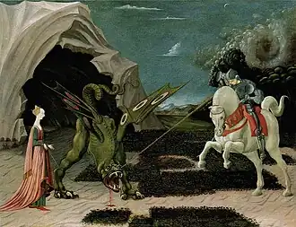Paolo Uccello's 1470 Saint George and the Dragon, illustrating a separate legend that became confused with the story of Perseus and Andromeda, introducing a horse for the hero[1]