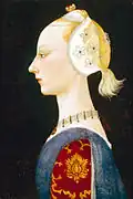 A Young Lady of Fashion is attributed to the Florentine painter and mathematician Paolo Uccello and dates early 1460s. The young lady has plucked her hairline to increase the expanse, and thus elegance, of her forehead, and a lock of hair falls at the back in a ponytail. A tight-fitting cap covers her ears, a fashion possibly due to the prevalent belief of the time that the Virgin Mary conceived through the ear.[36]