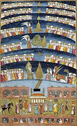 Islamic miniature depicting Muhammad's visit to Paradise, BnF, Kashmir, 1808