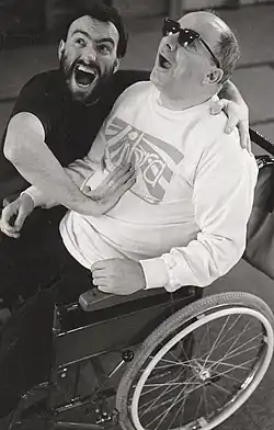 Paul Newham working with a member of Libra Theatre&nbsp;– a troupe comprising people with disabilities.