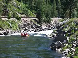 Rafters floating down a small river surrounded by forest