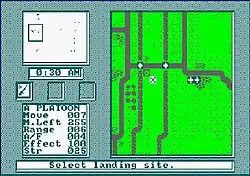 A screenshot from the Commodore 64 version, showing a medium-sized overhead map of a section of Normandy and its rivers. The interface to the left displays details of the British 6th Airborne Division, current time and landing spots.
