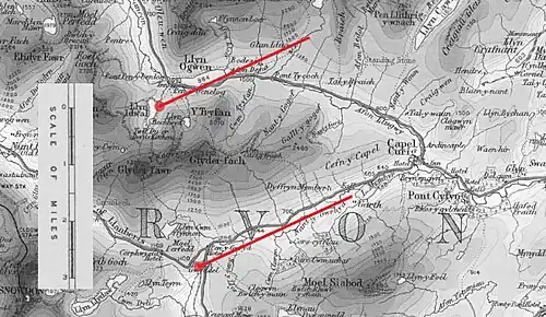 Pen Y Pass hairpin bend in relation to Llyn Idwal with viewing angle and distance.