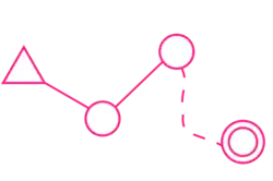 A diagram drawn in purple: a triangle joined with a straight line to a circle; a straight line joining that circle to another circle; a dashed curving line joining that circle to a double circle