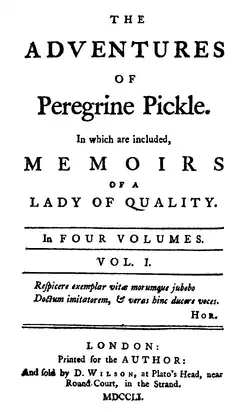 Title page of the first edition of The Adventures of Peregrine Pickle