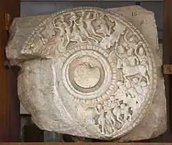 Railing medallion with figures, including an aniconic Great Departure, and the worship of the Buddha's hair or turban, c. 150