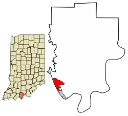 Location of Tell City in Perry County, Indiana.