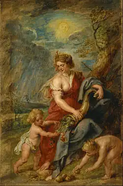 Allegorical depiction of the Roman goddess Abundantia with a cornucopia, by Rubens (c. 1630).