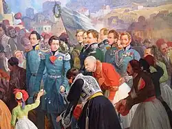 Painting showing a young man in military uniform, surrounded by a crowd.