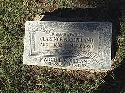 Grave-site of Madge E, Copeland (1895–1988) and her husband Clarence N. Copeland (1882–1929).
