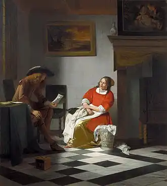 Interior with a Man Reading a Letter and a Woman Sewing c. 1674&nbsp;– c. 1676