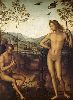 Nude man standing in front of a flute player