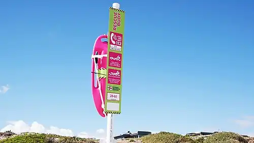 A pink rescue buoy, one of thousands near and around South Africa's waters placed by the NSRI, in Blouberstrand, Cape Town