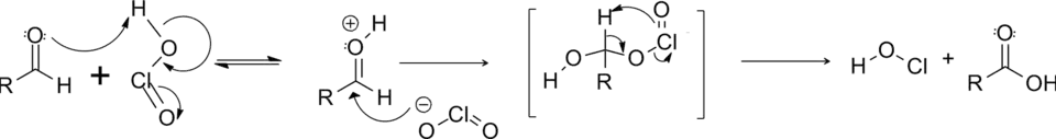 Oxygen of generic aldehyde is protonated with chlorous acid as proton source. Oxygen of chlorite, the conjugate base of chlorous acid, performs nucleophilic attack on carbonyl carbon of the protonated aldehyde. The resulting tetrahedral intermediate is drawn in brackets. Curved arrows depict a pericyclic fragmentation in which the O-Cl pi bond, C-H sigma bond, and O-Cl sigma bond breaks to form an O-H sigma bond and C-O pi bond. The products depicted are hypochlorous acid (as a side product) and a generic carboxylic acid.