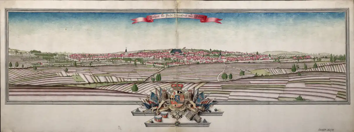 1790 City view of Pirmasens from the West with the palace in the middle, the drill house in the back and the city town hall in the front