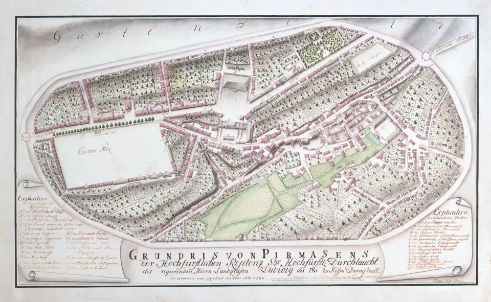 1788 City plan of Pirmasens with Schloss Pirmasens extended compared to the other city plans. Also note that the landscape style of the Landgravinne's garden changed from a French formal style to an English landscape style