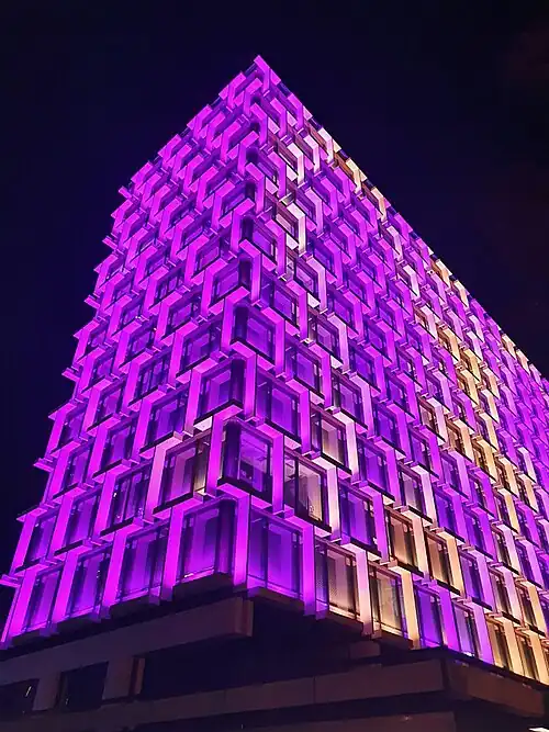 The building lit up for the Queen's Platinum Jubilee in 2022