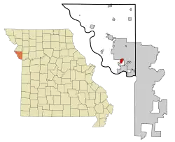 Location of Weatherby Lake, Missouri
