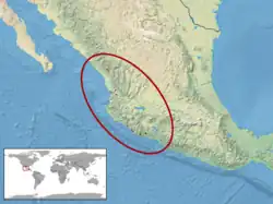 A map of Central Mexico, with a big red ellipse around the coastline south of the Gulf of California. A few tiny red dots indicate where you can find Plestiodon parvulus.
