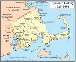 Image 52Early settlements and boundaries of the Plymouth Colony (from History of Massachusetts)