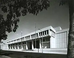The Philadelphia Mint building in black and white.