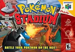 Artwork of a horizontal rectangular box that depicts a large stadium. The top portion reads "Pokémon Stadium" and the bottom reads "Battle your Pokémon on the N64!". At the center are two large creatures fighting. The left creature is a blue bipedal tortoise with gray cylindrical cannons on its shoulders. The right creature is an orange winged, bipedal dragon breaths fire at the left creature.