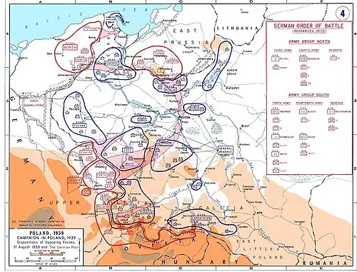 Map showing the dispositions of the opposing forces on 31 August 1939, with the German plan of attack overlaid in pink.