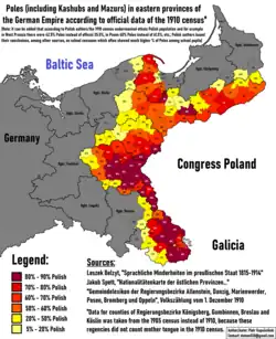 Poles in eastern provinces of Germany in 1910: &nbsp;&nbsp;80–90% Polish &nbsp;&nbsp;70–80% Polish &nbsp;&nbsp;60–70% Polish &nbsp;&nbsp;50–60% Polish &nbsp;&nbsp;20–50% Polish &nbsp;&nbsp;5–20% Polish