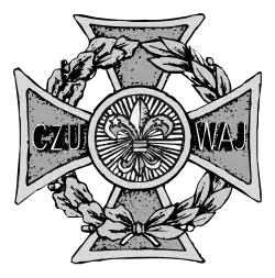 A Maltese cross with a wreath, the left half of oak and the right half of laurel leaves.; a circle at the center with rays like the sun and the Scouting fleur-de-lis; the arms bear C Z U and W A J— czuwaj is Polish for watch, the Polish Scout motto.