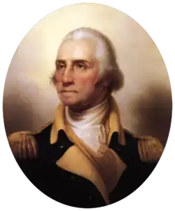 Color painting of a white-haired George Washington in a dark blue military uniform with gold epaulettes and white collar