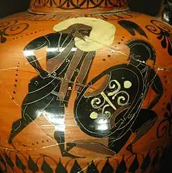 vase antique à figures noires; deux personnages au combat