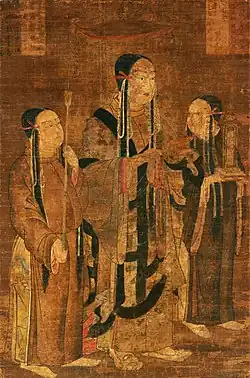Painting of Prince Shōtoku with two attendants. Colors on silk, Kamakura Period, 13th century